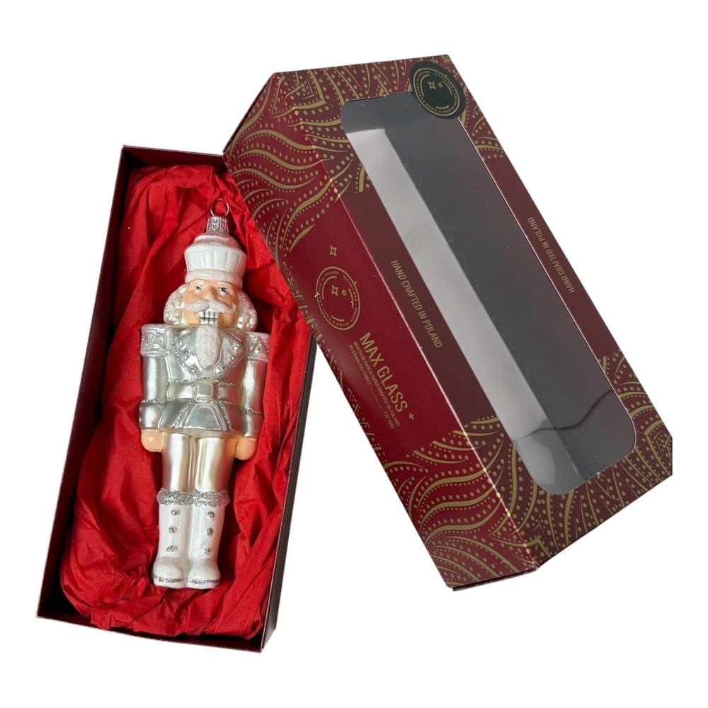 Max Glass Poland Silver White Nutcracker Mouth Blown Glass Ornament 7in Box